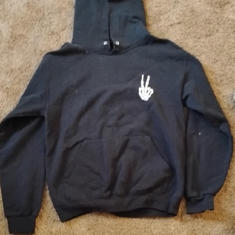 Men's Black Pullover Hoodie with White Skeleton Peace-Hand Graphic